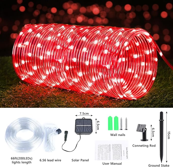 Solar Rope Lights, 2 Packs Total 132ft 400LED Solar String Lights, 8 Modes Waterproof Solar Powered Outdoor Light, Flexible Clear Tube Light for Garden Backyard Patio Deck Porch Tree Xmas Decor - Red