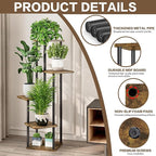 5 Tier Plant Stand Indoor, Thickened Metal Wood Corner Plant Shelf Stands for Multiple Plants, Indoor Tall Plants Stand Tiered Flower Holder for Living Room Patio Garden Balcony(Black+Brown)