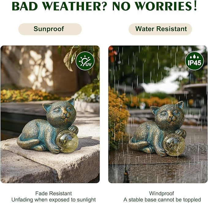 Solar Cat Statue with LED Lights, Solar Garden Decor, Waterproof Outdoor Cat Figurine for Yard, Patio, Balcony, Patio, Night Light, Gift for Cat Lovers, Mom, Women