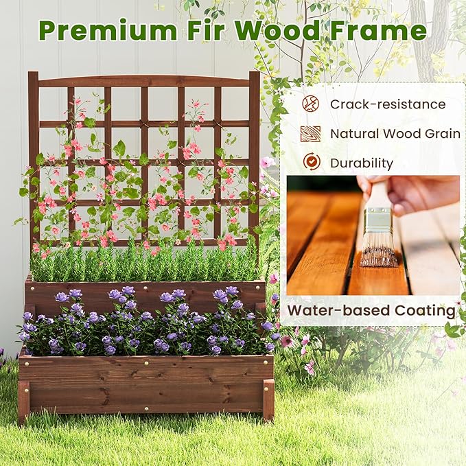 Giantex 2 Pcs Raised Garden Bed with Legs and Trellis, 2-Tier Standing Planter Box with Drain Holes, Outdoor Elevated Garden Trellis for Vine Climbing, Flower Vegetable Fruit Herb Growing