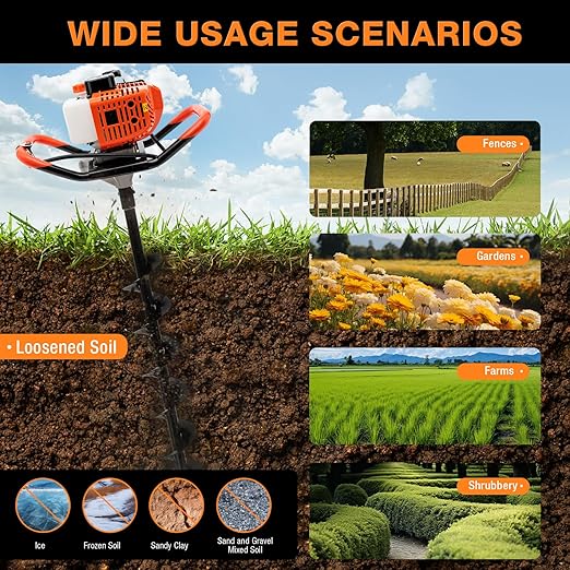Auger Post Hole Digger 52cc-2 Stroke Gas Powered Earth Digger Garden Fence Plant Soil Digging Tool with Drill Bits (4'', 6" & 8") and Extension Rods