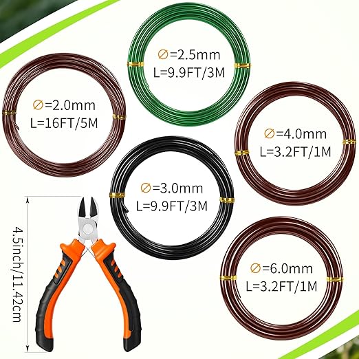 Mudder 5 Roll Aluminum Bonsai Training Wire Tree 160 Feet Total with Bonsai Wire Cutter Anodized Training for Holding Branches Small Trunks(2/2.5/3/4/6mm,Colorful)