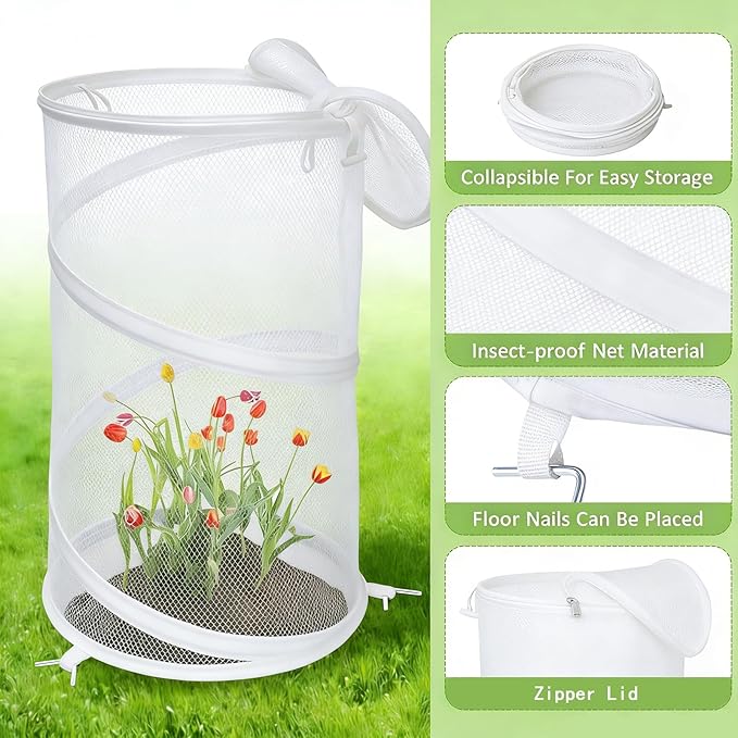 4 Pcs Pop Up Mesh Plant Protectors, 21 x 13 Foldable Garden Cover, Specifically Designed for Outdoor Vegetables, Seedlings & Flowers, Animal Barrier Cloches with Stakes (White)