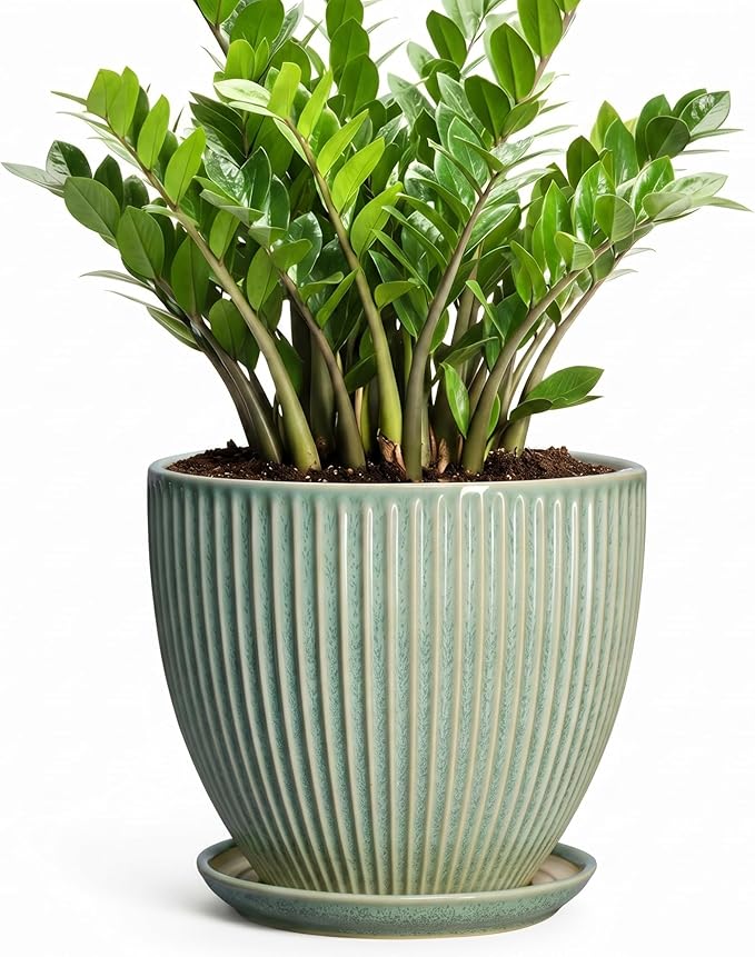 Ceramic Flower Pots, 10 Inch Plant Pot for Indoor Plants, Modern Round Planters with Drainage Hole and Saucer, Decorative Pots for Plants Indoor, Garden Home Decor, Plant Lover Gifts, Green