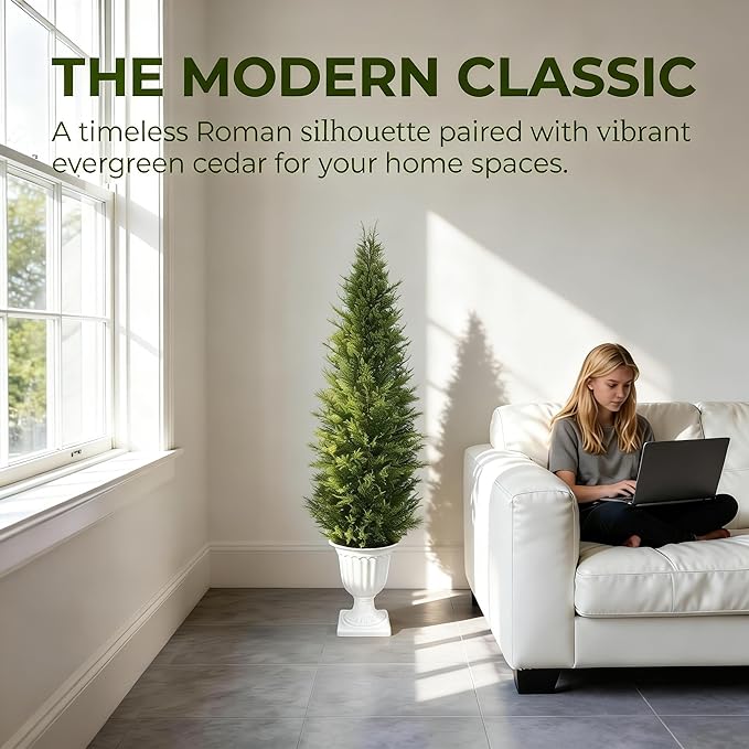 Realistic Artificial Cedar Tree with Planter Set of 2,Faux Topiary Cypress Plant for Home,Office,Living Room,Porch Indoor Outdoor Decor,No Maintenance Fake Evergreen Shrub (4.5FT White)