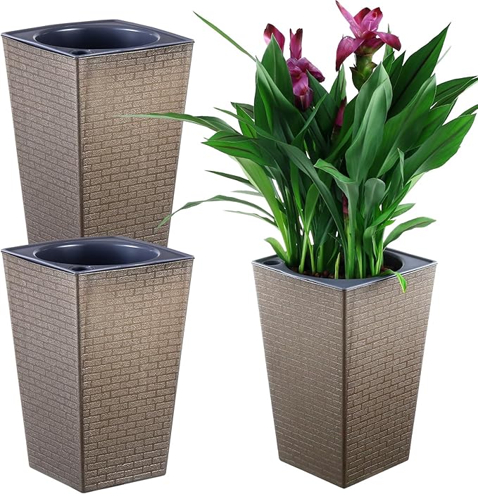 Self Watering Pots for Indoor Plants, 2 Pack Flower Pots Self Watering Planter 10.7" x 6.9" Plastic Pots African Violet Wick and Grow Pots Tall Orchid pots Square Large Plant Pots, Bronze