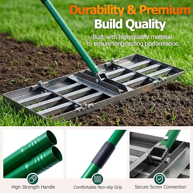 30"x10" Lawn Leveling Rake, Heavy Duty Lawn Leveler with 33"-77" Adjustable Handle, Foldable Ground Leveling Tool for Soil, Sand, Gravel, Ergonomic Design for Lawns, Golf Courses and Backyards