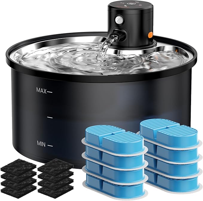 Wireless Cat Water Fountain Cordless | 108oz/3.2L Battery Operated Pet Fountain with Stainless Steel Water Tray + Plastic barrel (with 8 Filters & 8 Sponges)