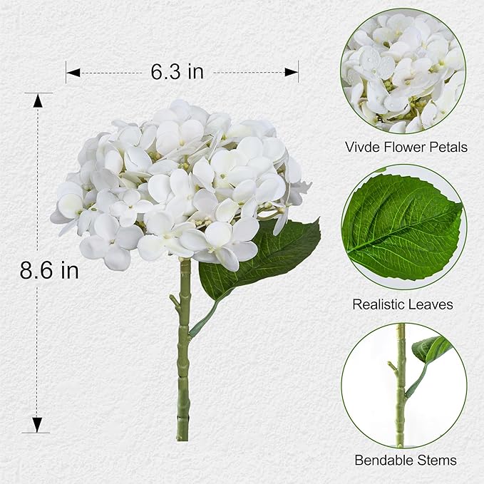 Artificial Hydrangea Flowers Arrangement in Wood Planter, 4PCS Fake White Flowers in Wooden Vase Potted Floral Centerpieces for Tables Living Room Home Office Room Shelf Kitchen Decor