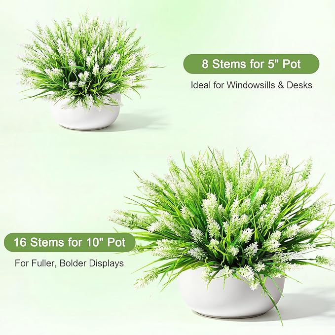 AmyHomie Fake Plants Artificial Flowers for Outdoors – 16 Bundles White Fake Lavender Plants & Monkey Grass, UV Resistant Faux Greenery for Patio, Porch, Planter, Garden and Window Decor