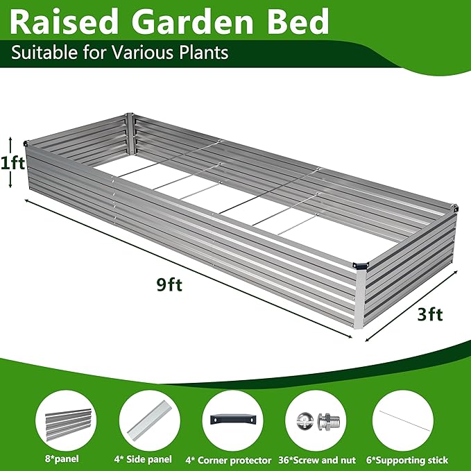 2PCS 9x3x1ft Galvanized Raised Garden Bed,Outdoor Planter Box Metal Patio Kit Planting Bed for Vegetables Flowers Herb,Silver
