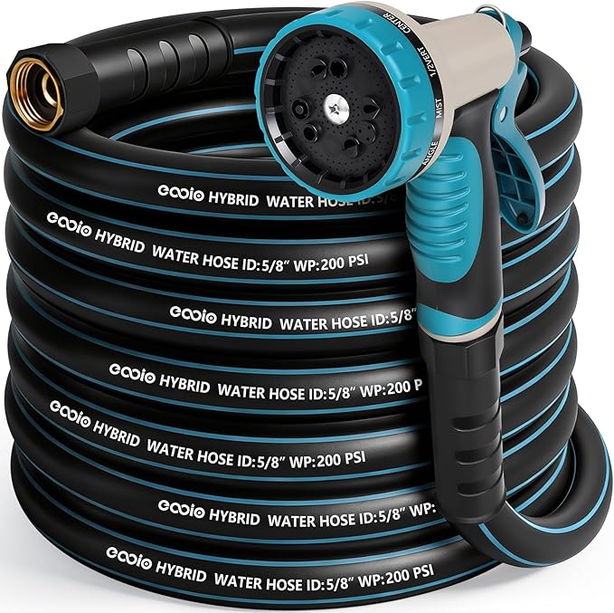 Heavy Duty Garden Hose 50 ft, NON-EXPANDABLE Water Hose with 10 Function Spray Nozzle, Lightweight Kink-less Hybrid Hose with Swivel Handle, Male to Female Fittings