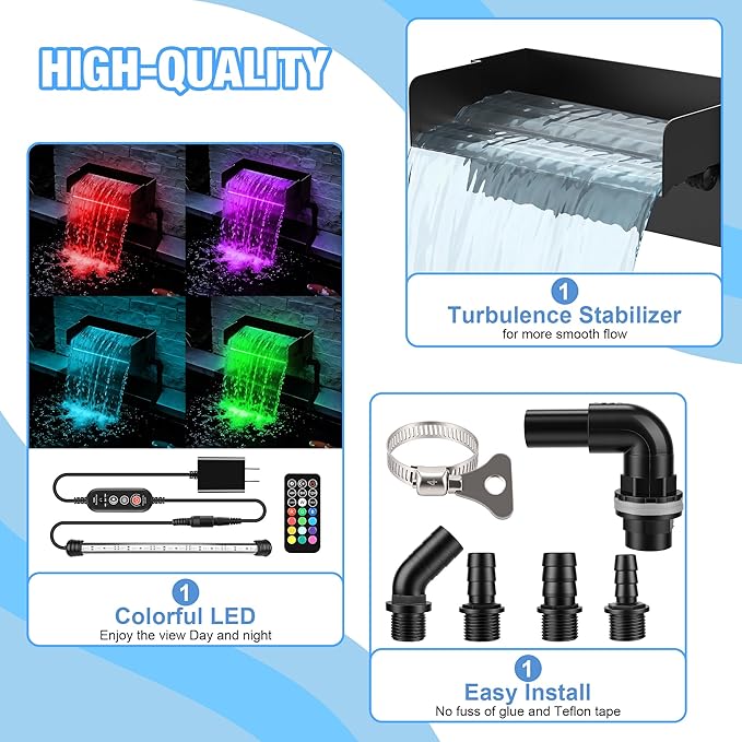 12-inch Pond Waterfall Spillway with LED Lights | Stainless Steel, 850GPH Submersible Pump, For Garden, Ponds, Backyard, Pool