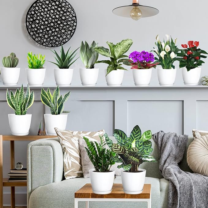 SwinDuck Plant Pots, 12 Pack 6 inch Modern Plastic Planters with Drainage Holes and Saucers for Indoor Outdoor Plants and Flowers, White