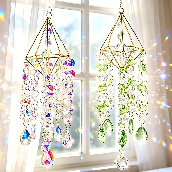 2 Sets Crystal Suncatcher Wind Chimes for Window Hanging, Rainbow Prism Crystal Sun Catchers Indoor Hanging Decor for Home, Garden, Plant & Wedding (AB Green)