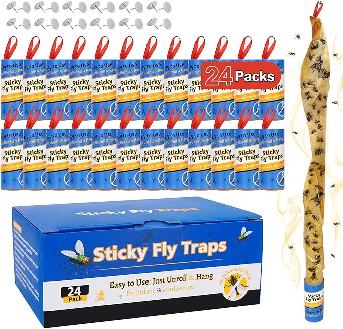 24 Pack Fly Trap, Fruit Fly Traps Indoor for Home, Fly Strips Fly Catcher Fly Tape Fly Paper Fly Ribbon Fly Traps Outdoor, Flying Insect Trap, Gnat Trap for Bug, Insect, Pest, Mosquito