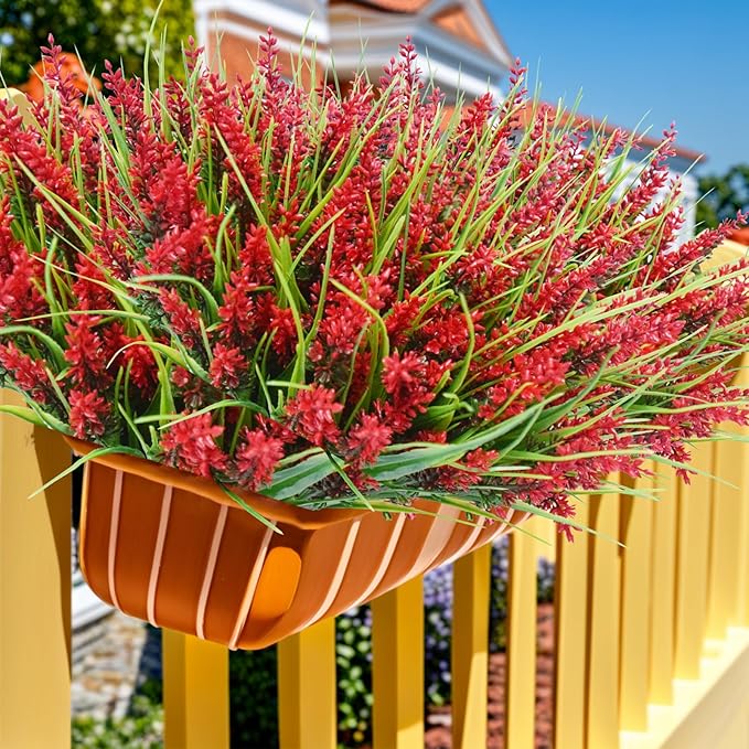 Kinisty 20 Bundles Outdoor Artificial Plants and Flowers, UV Resistant Faux Monkey Grass with Lavender and Fake Plastic Greenery for Spring Summer Outside Planter Porch Garden Decor, Red
