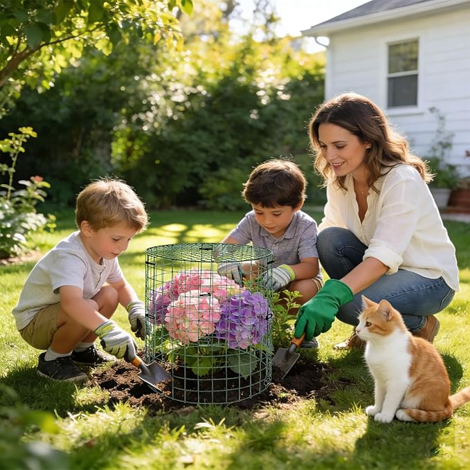 6 Pack Dark Green Plant Protectors, 11.8×15.7in Round Garden Fence Cages with Lid, Keep Rabbits, Squirrels & Pets Away, Includes Stakes, Zip Ties & Gloves for Easy Setup