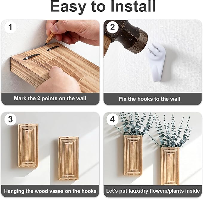 Wooden Wall Planter Vase, 2 Pack White Wood Hanging Vases with Fake Eucalyptus for Indoor Modern Boho Farmhouse Wall Art Decor for Home Indoor Kitchen Modern Farmhouse Bathroom