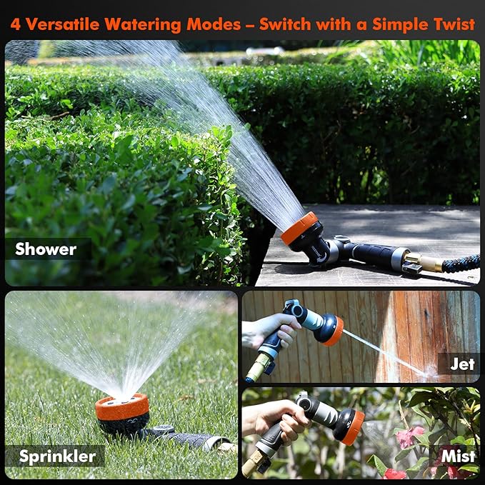 RESTMO Multi-Angle Garden Hose Nozzle with Sprinkler Function, Heavy Duty Water Hose Nozzle with 4 Spray Patterns, Magic Twist and Thumb Flow Control for Garden Watering, Car Washing & Yard, Orange