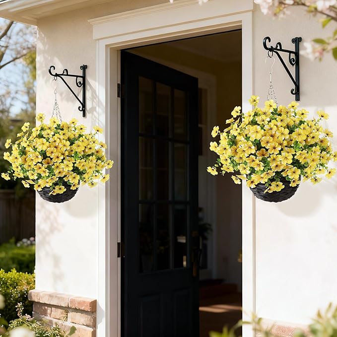 GLIDLION Artificial Flower & Eucalyptus with Hanging Basket - 2PCS Faux UV Sun Resistant Morning Glory in Planter, Fake Colorful Silk Flowers for Spring Summer Porch Patio Balcony Yard Decor (Yellow)
