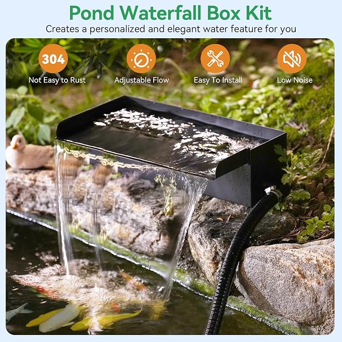 POPOSOAP Pond Waterfall Box with Pump Kit, 11.8inch 304 Stainless Steel Pond Waterfall Spillway with 40W 660GPH Pump for Ponds, All-in-l Pond Spillway for Garden Waterfall Water Feature-P43X