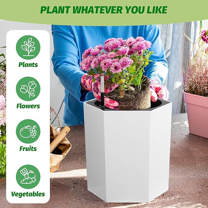 16in Plant Pots Set of 2, Self Watering Planters for Indoor Plants with Water Level Monitoring, Water Outlet for Garden Flower Pot, Patio, Balcony, Lounge, Front Porch Decor