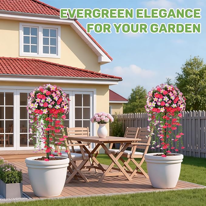 Grooy Artificial Plants Flowers Topiary Ball for Outdoor, 2 Pack Fake Silk Morning Glory Plant Bushes, UV Resistant Realistic Plants Shurbs for Outside,Front Porch,Patio,Yard(Pink)
