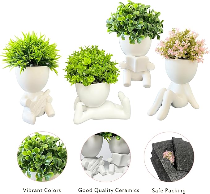 4 Packs Creative Small Fake Plants Artificial Succulents in Ceramic Human Shaped Pots Cute Office Plants For Desk Home Decor Funny Premium Ceramic Faux Succulent Perfect Humorous Gift Idea (4, white)