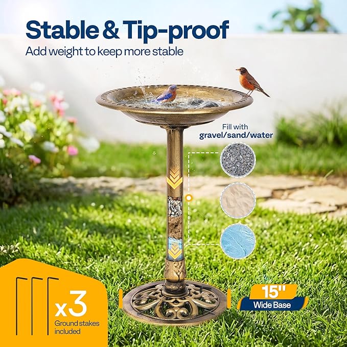 VIVOHOME Bird Bath for Outside, Polyresin Pedestal Bird Baths for Outdoor, Garden, 28 Inch Height Weather-Resistant Birdbaths with 20" Bowl, Antique Copper