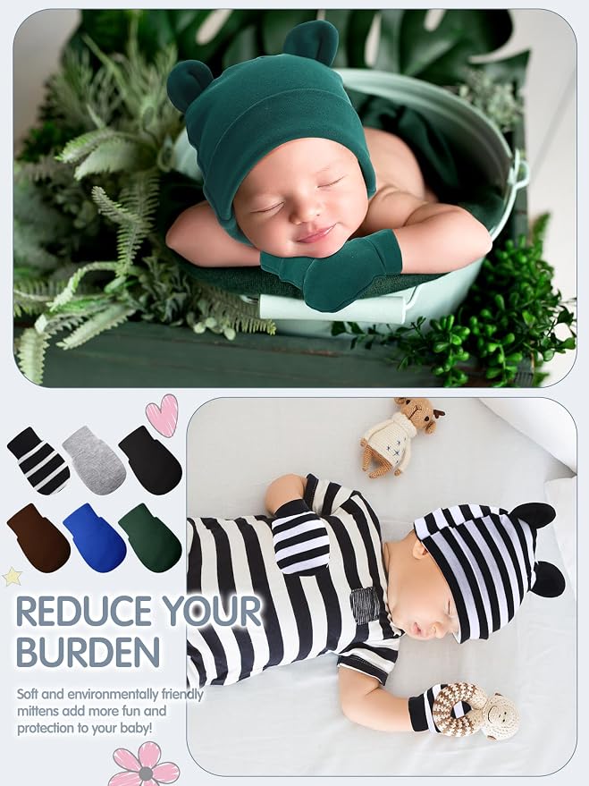 Geyoga 12 Pieces Newborn Hat Mittens Gloves Set Baby Boys Girls Cotton Baby Beanie for 0-12 Months