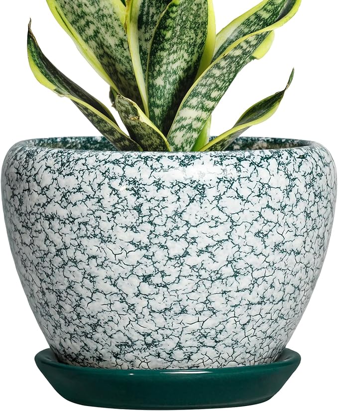 Ceramic Plant Pot - 6 Inch Planters for Indoor Plants, Round Succulent Pots with Drainage Hole and Saucer, Modern Decorative Plant Pots, Bathroom Decor, House Warming Gifts, Crackle Green