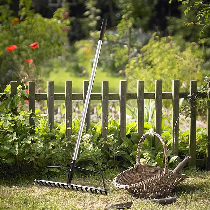 YEELOR Garden Rake, Heavy Duty 16-Tine Bow Rake with Adjustable Stainless Steel Handle, Metal Rake for Yard Work, Loosening Soil, Leveling Mulch, Gathering Leaves