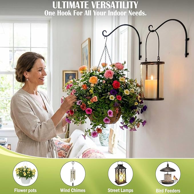 Lifyzoon Heavy Duty Hanging Plant Bracket: 50lbs Weight Capacity - Black Metal Plant Hangers for Outside, 16 Inch Outdoor Wall Hooks for Large Bird Feeder, Lanterns, Wind Chimes, Flower Baskets