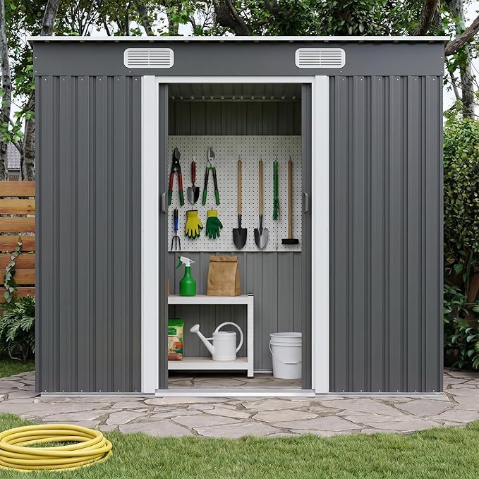 4x8 Metal Storage Shed Outdoor Steel Garden Tool Shed Metal shed with Sliding Door for Backyard, Lawn, Patio Yard, Grey