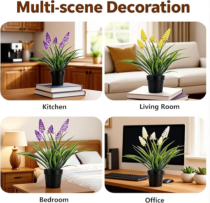 MONOID 2 Pack Artificial Hyacinth Plants - Realistic Fake Muscari Flowers in Black Pots, Small Desktop Decor Set for Home Office Bathroom, No Water Needed, White