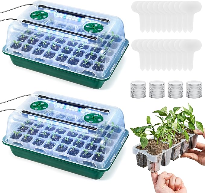 HIRALIY 80 Cell Seed Starter Tray Kits with Grow Light, Reusable Plant Germination Trays, Easy Transplanting, with Domes and Bases, for Starting Vegetable, Flower, Herb, Indoor Gardening, Greenhouse