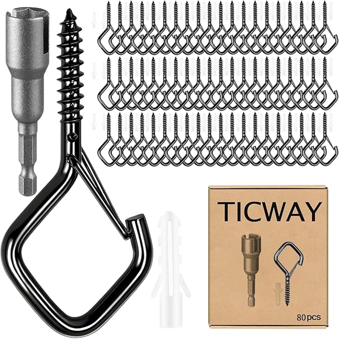 80 Pcs Outdoor Hooks for String Lights,Screw Hooks for Hanging Plants,Ceiling Hooks with Safety Buckle,Square Hanger for Wind Chimes,Bird Feeder,Lanterns,Christmas Decorations Black