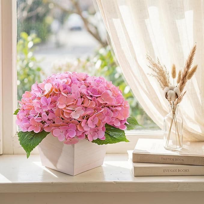 Artificial Hydrangea Flowers Arrangement in Wood Planter, 4PCS Fake Pink Flowers in Wooden Vase Potted Floral Centerpieces for Tables Living Room Home Office Room Shelf Kitchen Decor