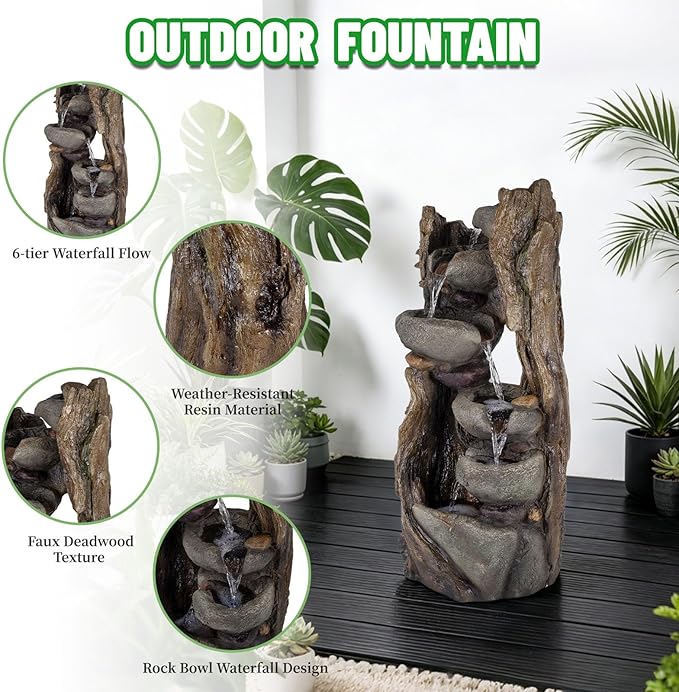 Solarbloom 39.2" H Water Fountain Outdoor, Cascading Realistic Rock Tree Trunk Waterfall Fountains with LED Lights for Garden Patio Backyard Porch Home Decor