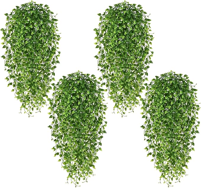 Waipfaru 4Pcs Artificial Hanging Plants, Fake Vines Boston Ivy Fake Hanging Plants for Outdoors UV Resistant Ivy Artificial Plants Faux Plants Indoor Living Room Boho Wall Porch Shelf Decor