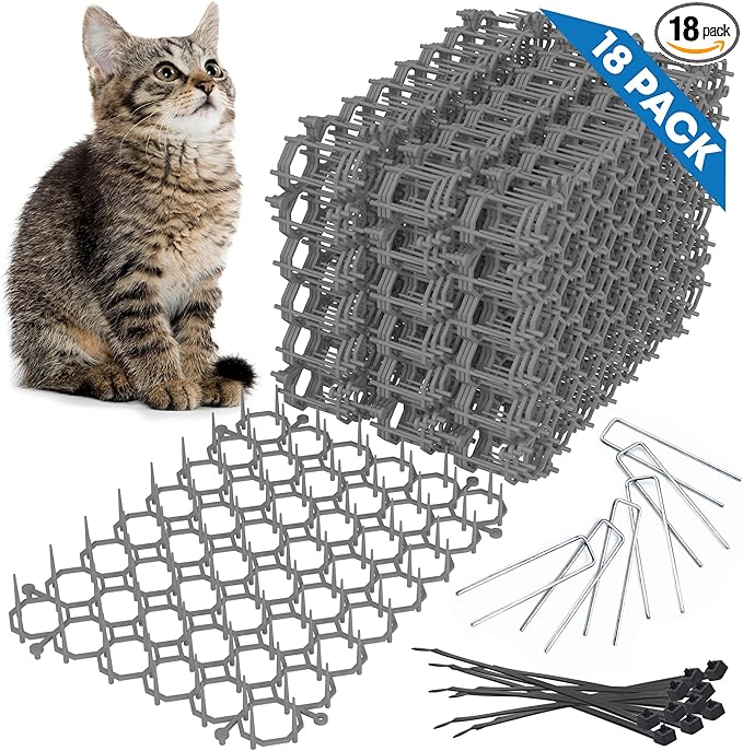 Petfolio 18 Pack Scat Mat for Cats - 8 x 6 Inch Cat Deterrent Mat with 1 Inch Spikes is A Great Cat Repellent Indoor & Outdoor to Keep Cats Away. Includes 6 Garden Staples & 10 Zip Ties (Grey)