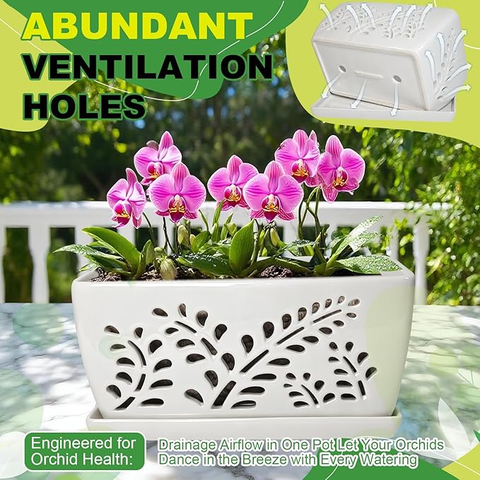 Ceramic Orchid Pot, 10 Inch Orchid Pots with Holes, Premium Thickened Handmade Glazed Pot for Orchidaceae Plants, Indoor Outdoor Decorative Flower Pots for Easy Repotting