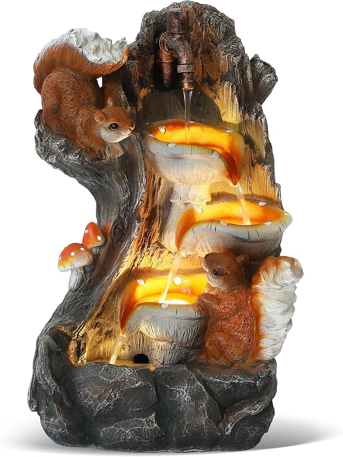 Grepatio Outdoor 4-Tiers Cascading Water Fountain, Garden Waterfalls Fountain with LED Lights, Indoor/Outdoor Floor Standing Water Fountains with Pump for Patio, Yard, Deck Decor with 2 Squirrel Look