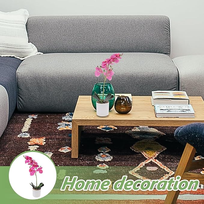 Artificial Phalaenopsis Bonsai Orchid Flower Pot, Lifelike Faux Potted Plant with 8 Purple Blooms, Realistic Indoor Home Décor Table Centerpiece for Living Room and Office