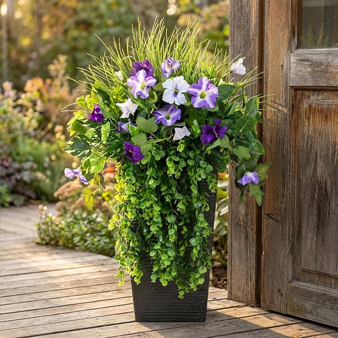 Waipfaru Artificial Plants & Flowers, UV Resistant Fake Plants Artificial Flowers Outdoors, Realistic Faux Petunias Fake Hanging Plants for Outside Garden Balcony Yard Porch(10 Bundles Purple White)