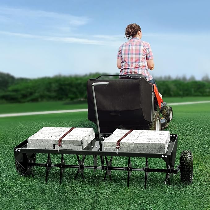 VEVOR Tow Behind Plug Aerator, 48-Inch Tow Behind Lawn Plug Aerator with Universal Hitch, Pull Behind Aerator with Iron Spikes Alternately Arranged, Lawn Aerator Tow Behind for Gardens, Lawns, Farms