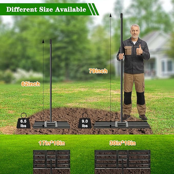 Lawn Leveling Rake 17x10 inch, Heavy Duty Ground Leveler for Soil, Sand, Effortless Smooth Use & Easy Assembly Stainless Steel Landscape Rake for Backyard, Garden, Golf Course, Black
