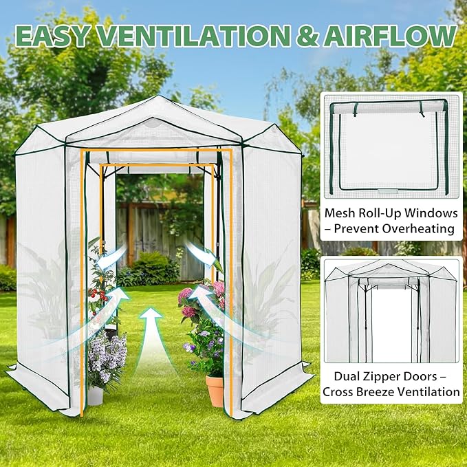 EAGLE PEAK 6.6x6.6 Portable Walk in Greenhouse, Pop Up Indoor Outdoor Greenhouse, Green House Kit with Zippered Roll-Up Doors and Windows, Hexagon Design, PE Cover, Clear/White