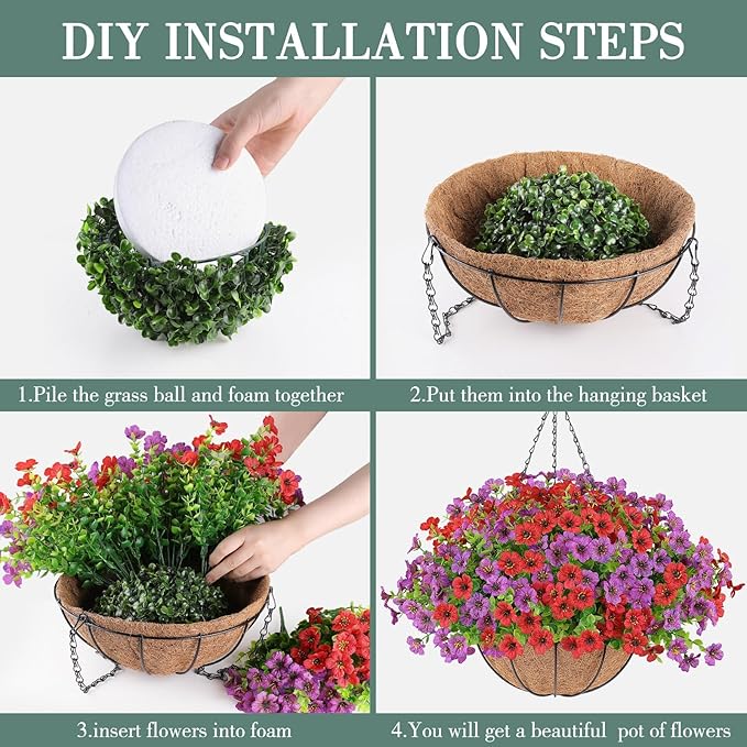 2 Set Artificial Flowers Hanging Plants in Basket,Artificial Hanging Flowers for Outdoor Indoor Decor,UV Resistant hanging Baskets with Fake Flowers for Spring Summer Patio Garden Porch Deck Decor
